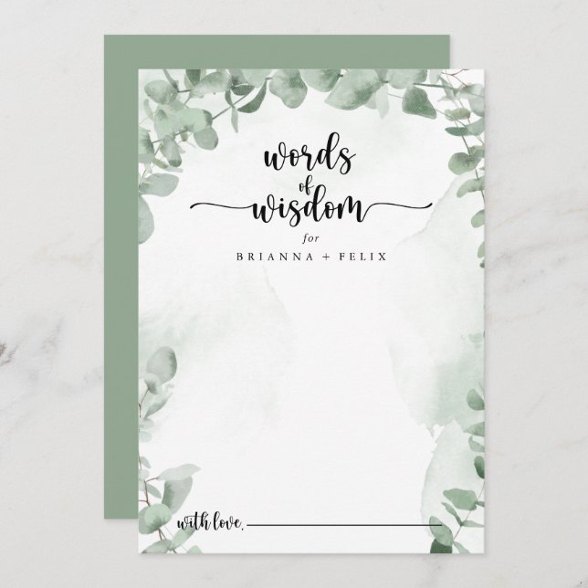 Classic Green Eucalyptus Wedding Words of Weisheit Hinweiskarte (Vorne/Hinten)