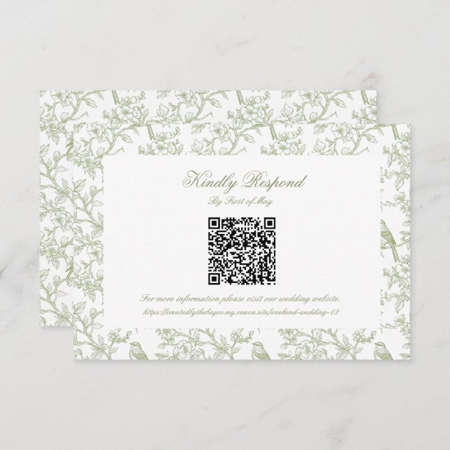 Classic Green Floral and Bird Toile QR code RSVP (Vorne/Hinten)