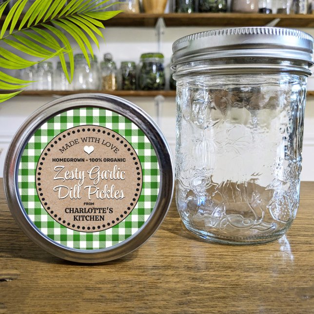 Classic Green Gingham Canning Jar Label Runder Aufkleber (Von Creator hochgeladen)