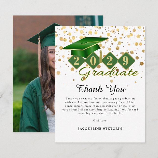 Classic Green Gold Abschluss Foto Dankeskarte (Vorne/Hinten)