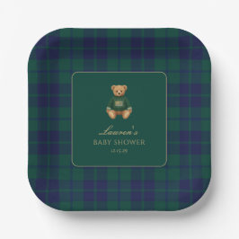 Classic Green Navy Plaid Bear Baby Shower  Pappteller