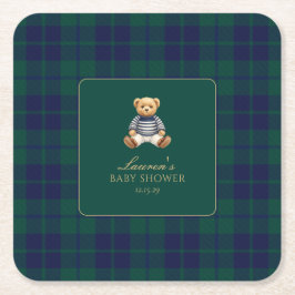 Classic Green Navy Plaid Bear Baby Shower  Rechteckiger Pappuntersetzer