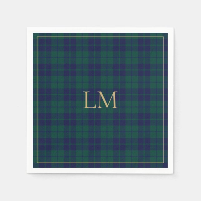 Classic Green Navy Tartan Plaid Gold Monogram Serviette (Vorderseite)