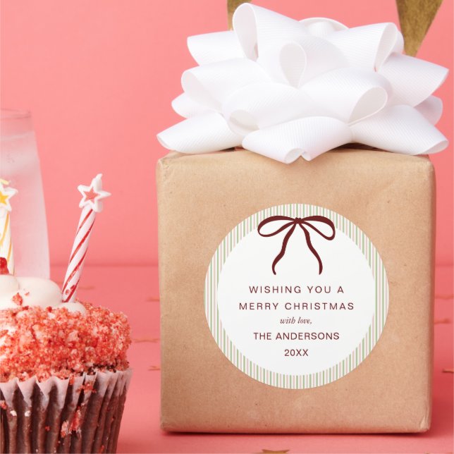 Classic Green Pink Stripes Red Bow Merry Christmas Runder Aufkleber (Party)