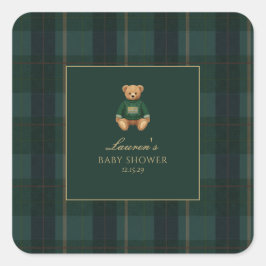 Classic Green Plaid Bear Baby Shower Quadratischer Aufkleber