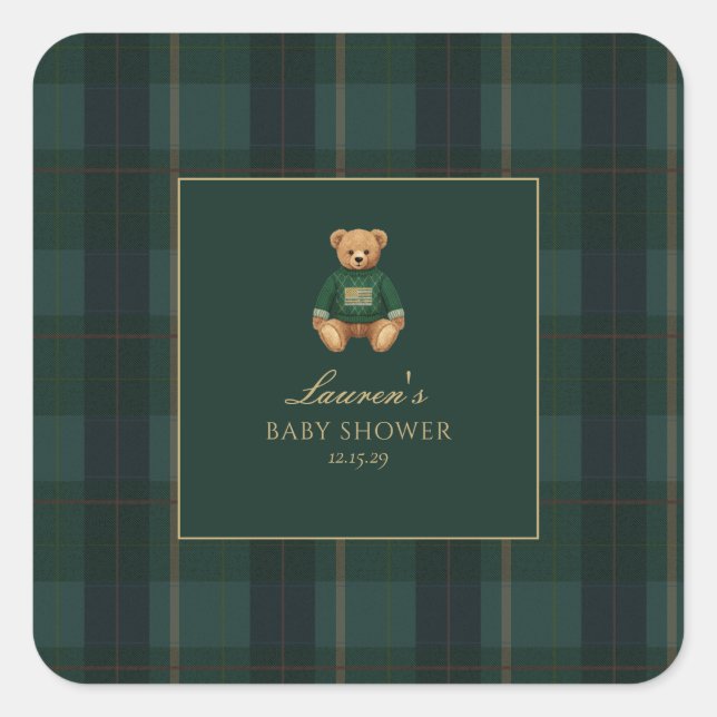 Classic Green Plaid Bear Baby Shower  Quadratischer Aufkleber (Vorderseite)