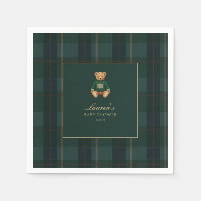Classic Green Plaid Bear Baby Shower  Serviette (Vorderseite)