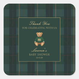 Classic Green Plaid Bear Baby Shower Thank You Quadratischer Aufkleber