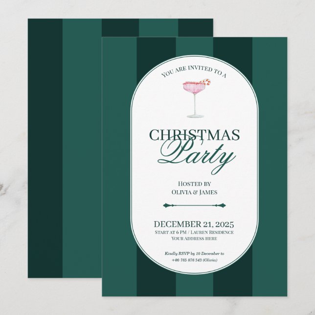 Classic green stripe Christmas Invitation Einladung (Vorne/Hinten)