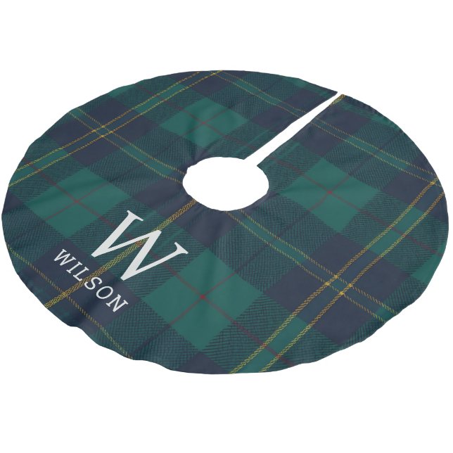 Classic Green Tartan Plaid Monogram Christmas Polyester Weihnachtsbaumdecke (Schrägansicht)