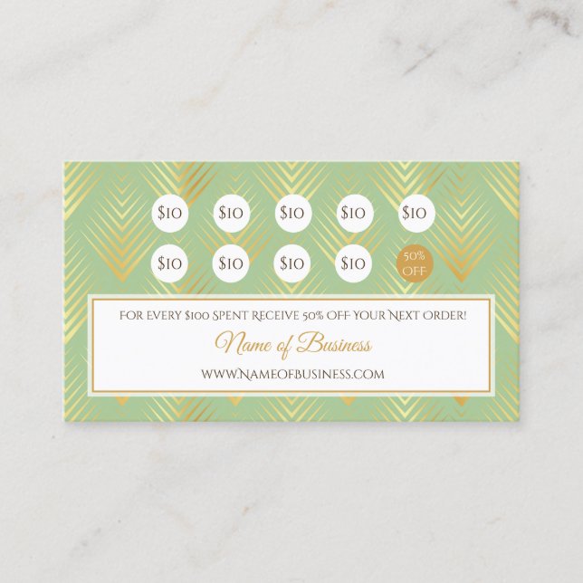 Classic Green und Gold Pattern Loyalty Punch Card Treuekarte (Vorderseite)
