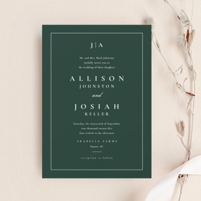 Classic Green Wedding Einladung (Elegant Dark Green Wedding Invitation.)