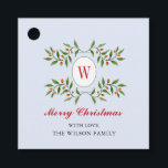 Classic Greenery & Citrus Monogram Christmas Favo Geschenkanhänger<br><div class="desc">Eleganter Urlaub Gaumenmarken mit handgemalten Aquarellpflanzen und Zitrusfrüchten,  in der Mitte Ihres Monogrammes auf einem helleisblauen Hintergrund. Passen Sie an,  indem Sie die "Vorlage bearbeiten"-Kästchen auf der rechten Seite des Elements verwenden,  oder klicken Sie auf die blaue Schaltfläche "Anpassen",  um den Text anzuordnen,  die Schriftart und Farben zu ändern.</div>