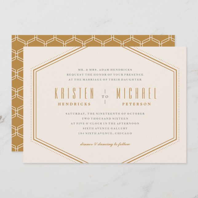 Classic Hexagon Wedding Invitation - Gold Einladung (Vorne/Hinten)