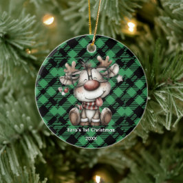 Classic Holiday Green Checkered Pattern Custom Keramik Ornament