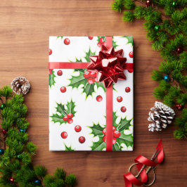 Classic Holiday Holly Tree Blätter Berries Pattern Geschenkpapier
