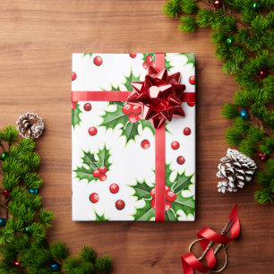 Classic Holiday Holly Tree Blätter Berries Pattern Geschenkpapier
