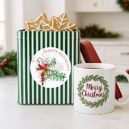 Classic Holiday Red White Candy Cane Green Foliage Runder Aufkleber
