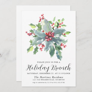 Classic Holly Berry Greenery Holiday Brunch Einladung