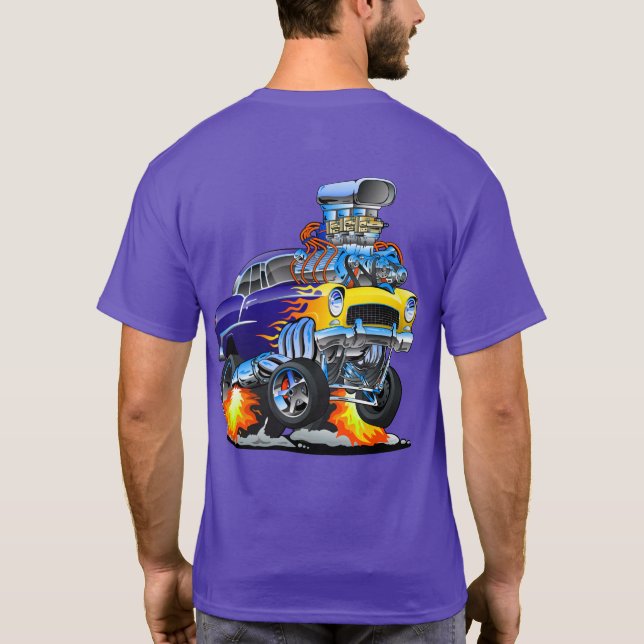 Classic Hotrod Muscle Car Flammen Big Motor T-Shirt (Rückseite)