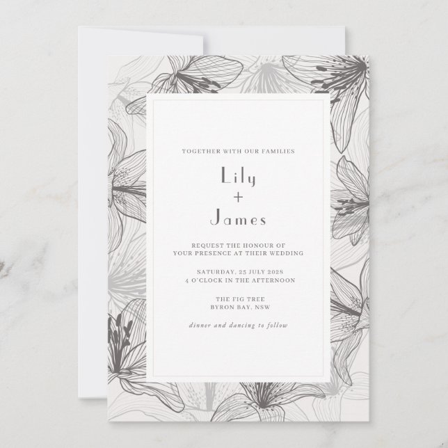 Classic Illustriert Floral Lilies Wedding Invitati Einladung (Vorderseite)