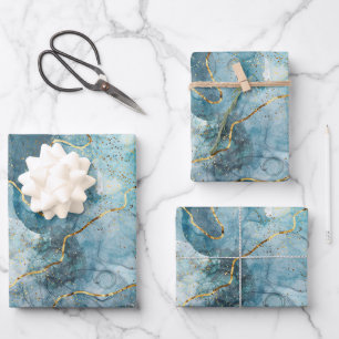 Classic Imitate Marble Blue/Gold Geschenkpapier Set