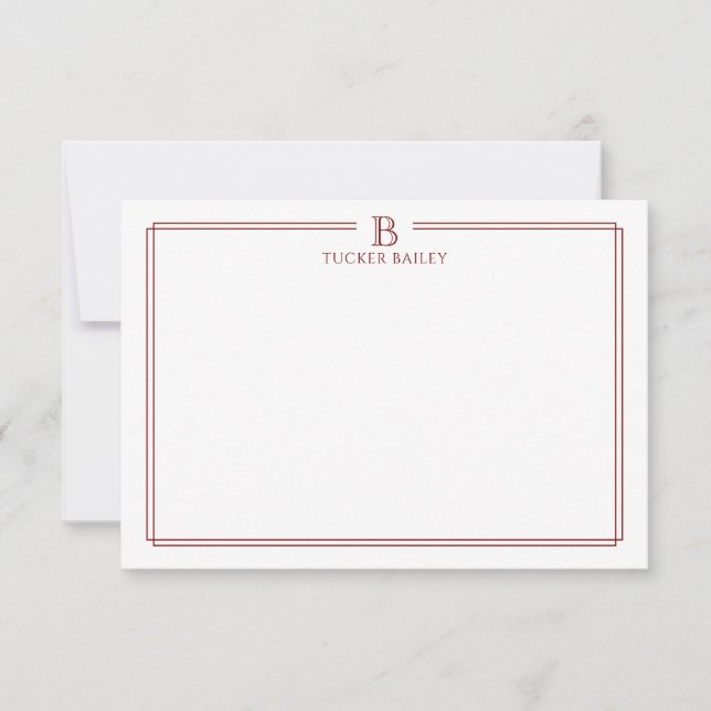 Classic Initial Monogram Red Border Stationery Mitteilungskarte (Vorderseite)
