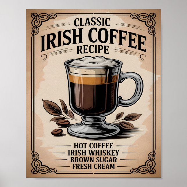 Classic Irish Coffee Recipe Vintage Rustic Kitchen Poster (Vorne)