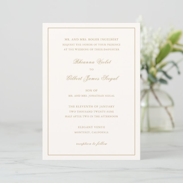 Classic Ivory and Gold Border Timeless Wedding Einladung (Stehend Vorderseite)