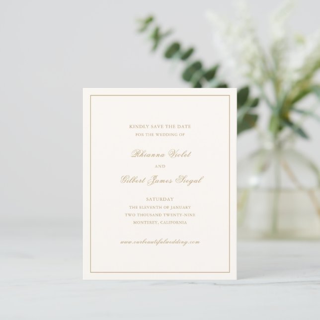 Classic Ivory and Gold Budget Wedding Save Date (Stehend Vorderseite)