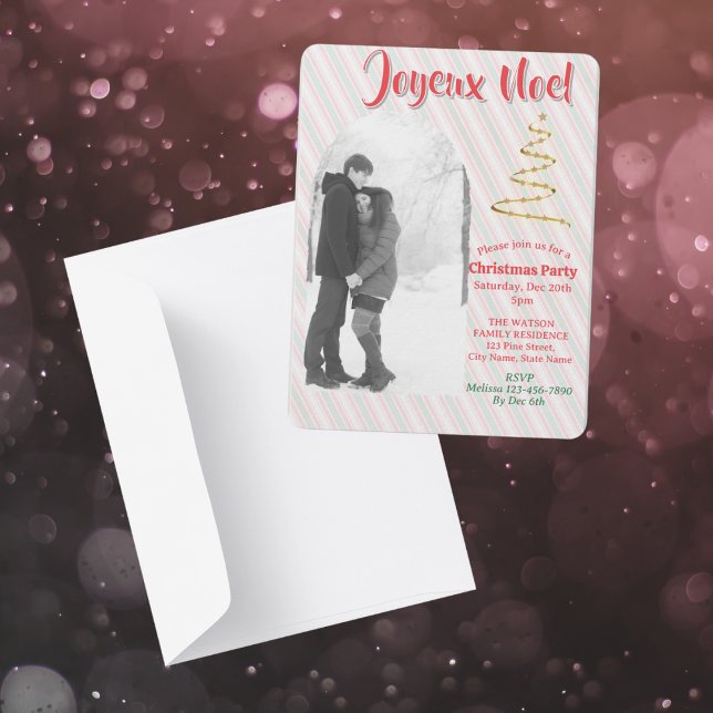 Classic Joyeux Noel Green Red Stripes Christmas Einladung (This customizable Classic Christmas Invitation Card elevates your upcoming party)