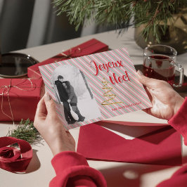 Classic Joyeux Noel Green Red Stripes Christmas Feiertagspostkarte