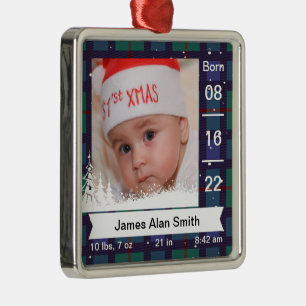Classic Kariert Baby's First Foto, Name & Stats Ornament Aus Metall