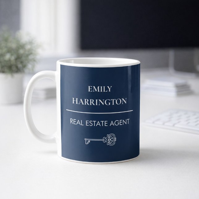 Classic Key Navy Real Estate Agent Kaffeetasse (A mug on an office desk.)