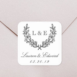 Classic Laurel Wedding Initial Monogram Quadratischer Aufkleber