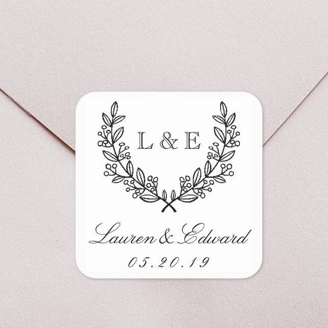 Classic Laurel Wedding Initial Monogram Quadratischer Aufkleber (Von Creator hochgeladen)