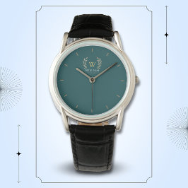 Classic Laurel Wreath Aquamarin Gold Monogram Armbanduhr
