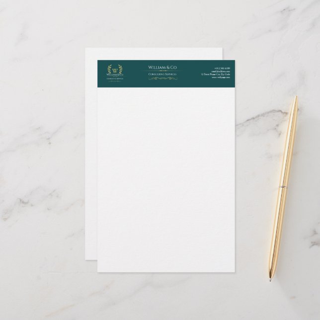 Classic Laurel Wreath Aquamarin Gold Monogram Briefpapier (Vorderseite/Rückseite Beispiel)