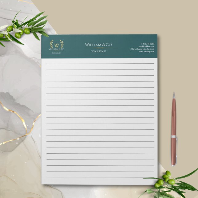 Classic Laurel Wreath Aquamarin Gold Monogram Notizblock (Von Creator hochgeladen)