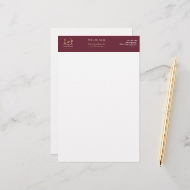 Classic Laurel Wreath Burgundy Gold Monogram Briefpapier (Vorderseite/Rückseite Beispiel)