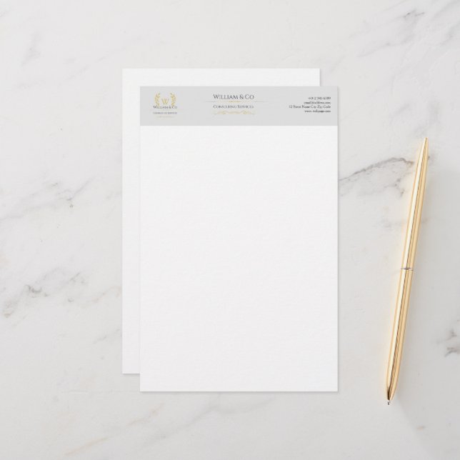 Classic Laurel Wreath Gray Gold Monogram Briefpapier (Vorderseite/Rückseite Beispiel)