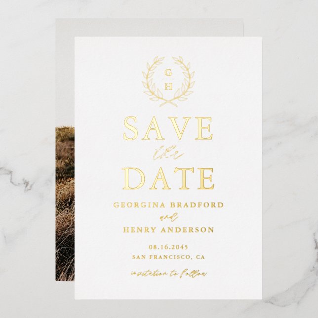 Classic Laurel Wreath Monogram Save the Date Folieneinladung (Vorderseite/Rückseite)