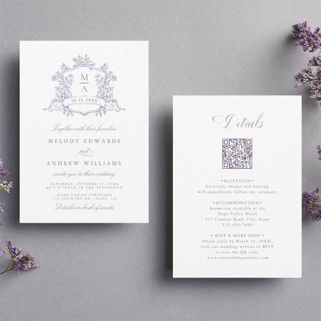 Classic Lavender Floral Crest Wedding All in One Einladung (Von Creator hochgeladen)