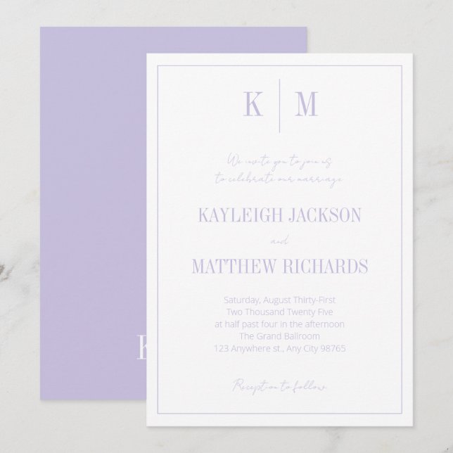 Classic Lavender Monogram Elegant Wedding Einladung (Vorne/Hinten)