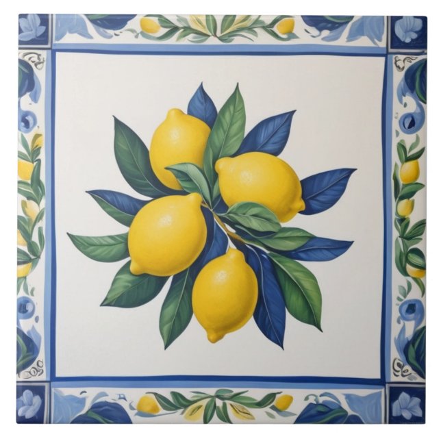 Classic Lemons Blue Green Yellow White Traditional Fliese (Vorderseite)