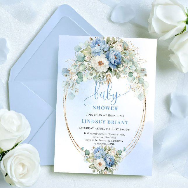 Classic Light Blue Peonies Eucalyptus Baby Shower Einladung (Classic Light Blue Peonies Eucalyptus Baby Shower

)