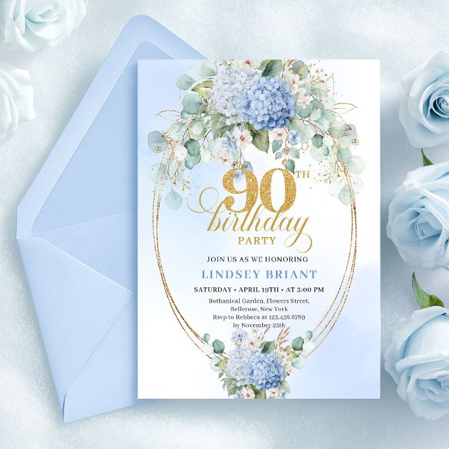 Classic Light Blue Watercolor 90th Birthday Invite Einladung (Classic Light Blue Watercolor 90th Birthday Invite)