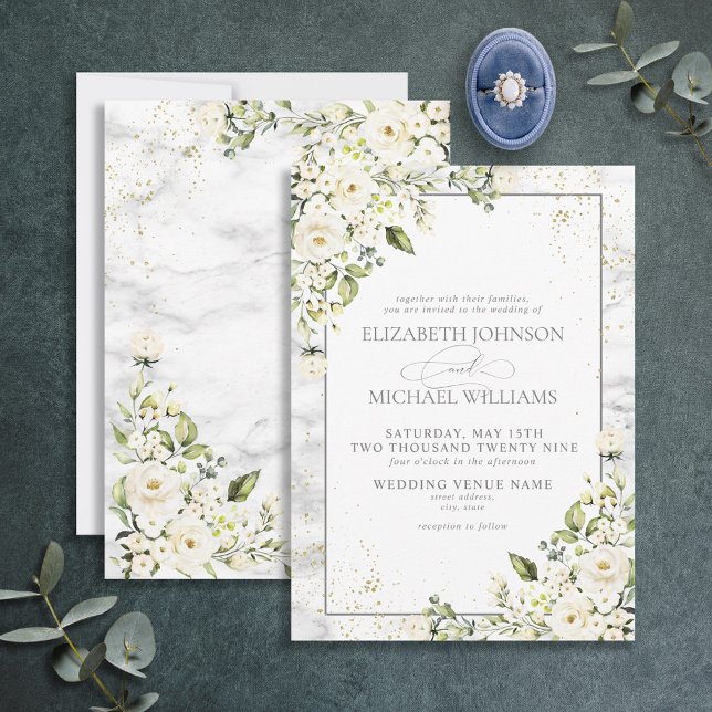 Classic Light Gray White Floral Gold Marmor Weddin Einladung (Von Creator hochgeladen)