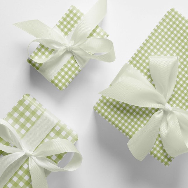 Classic Light Green Gingham Karo Pattern Geschenkpapier Set (Gingham wrapping paper with elegant, timeless light green gingham checks in various sizes.)