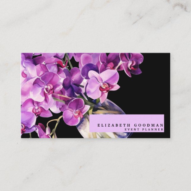 Classic Lila Orchids Black Business Cards Visitenkarte (Vorderseite)